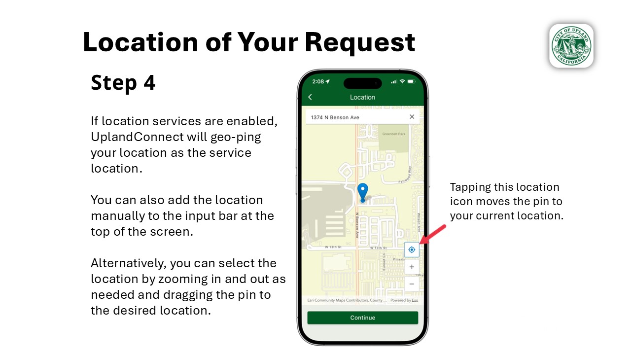 Instructions for setting the location of a service request using GPS, manual address entry, or map pin placement